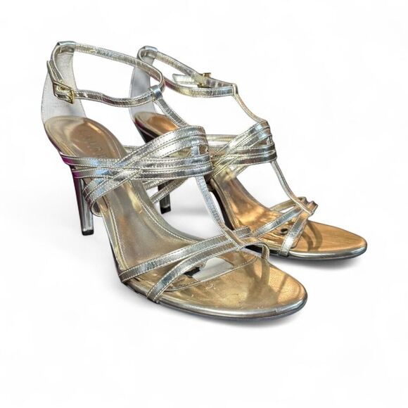 Ralph Lauren Women's Gold Metallic Strappy Open Toe Heels Size 9.5 - Picture 1 of 8